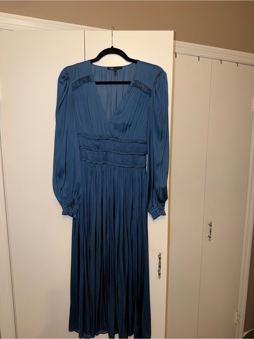 Maje Teal-Blue Long Sleeve Pleated Maxi Dress